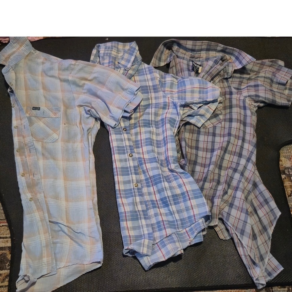 Lot of 3 Vintage Wrangler Plaid Western Shirts Blue Tan Pearl Snap Mens L Tall